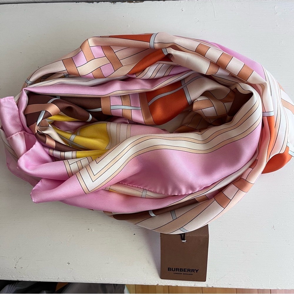 BURBERRY- Abstract Check Print Silk Scarf - Picture 5 of 9